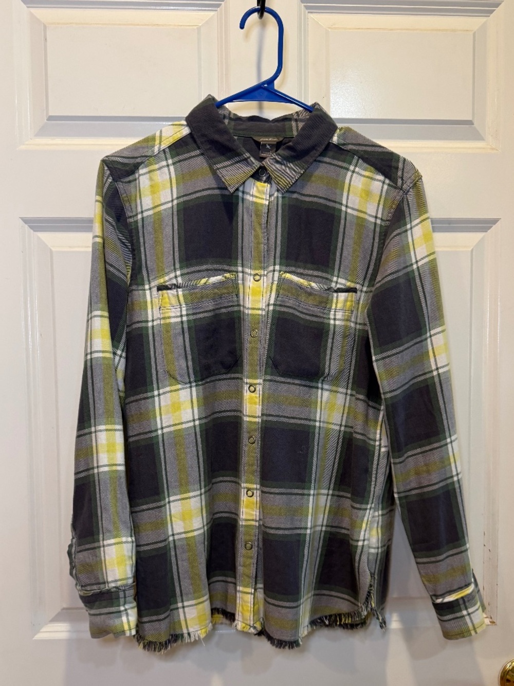 Women's Eddie Bauer Grey, Green, and Yellow Plaid Shirt with Fringed Hem - L